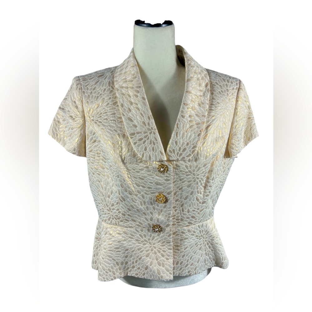 Nipon Boutique Beige W/ Gold Trim Blazer Jacket Floral Short Sleeve Sz M